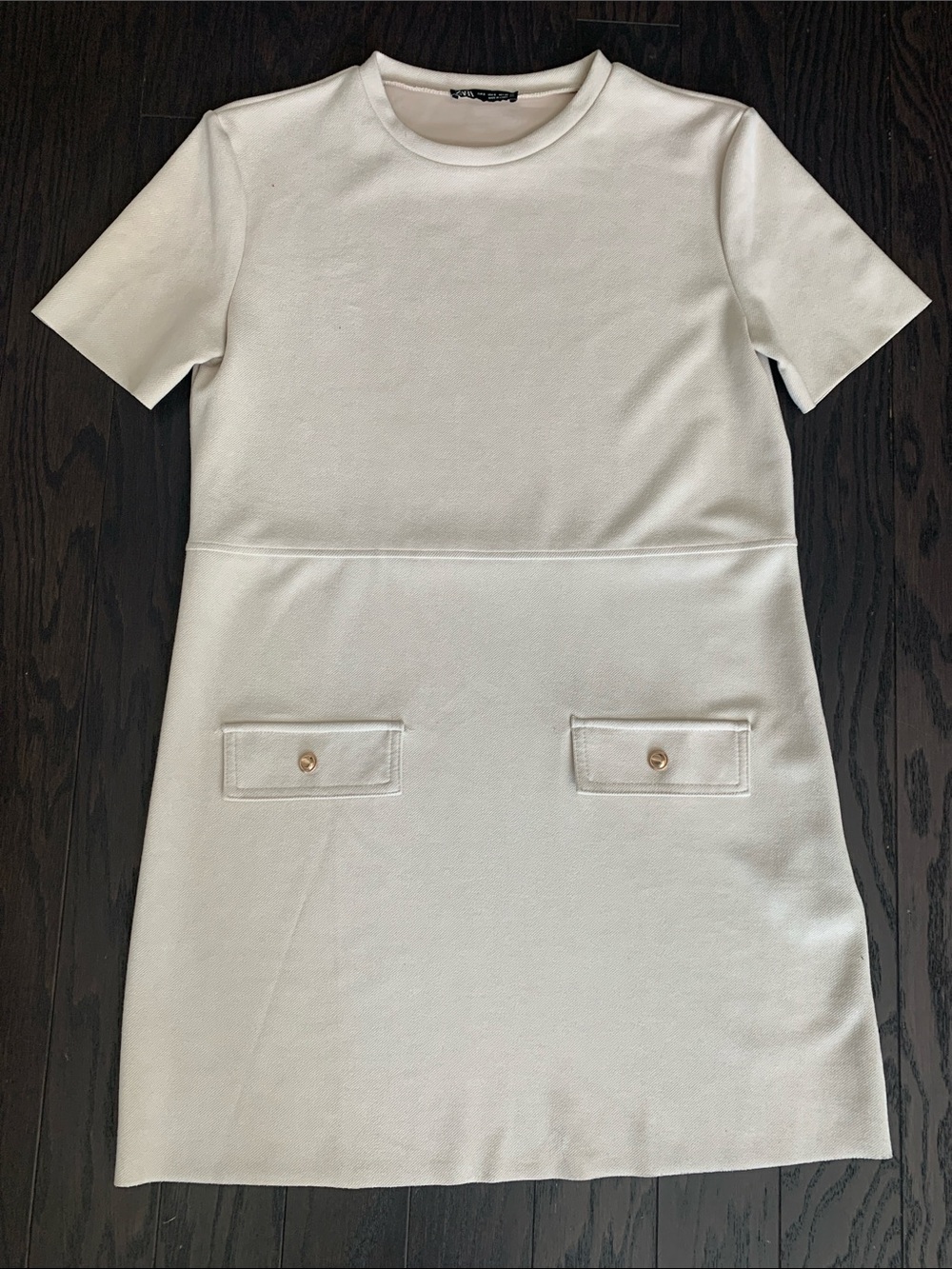 Zara Cream Short-Sleeve Mini Shift Dress with Pocket Flaps